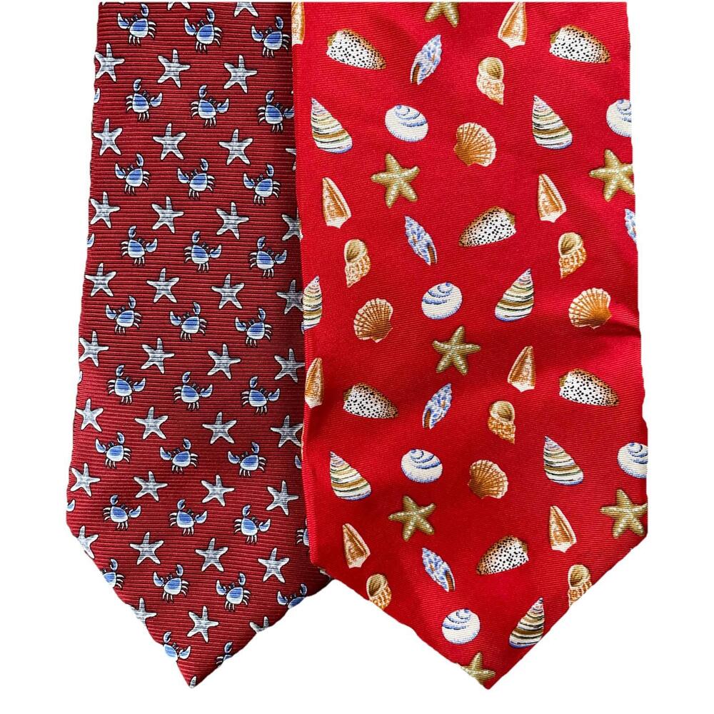 Lot of 2 Seaside Beach Pattern Ties Shells Crabs Red Shore & Singer Zionetti